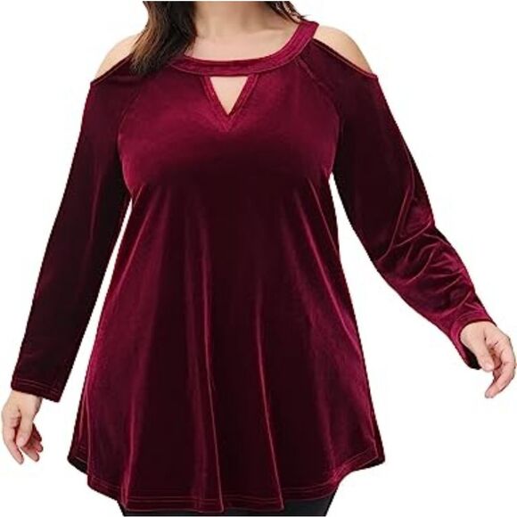Telinvey maroon dark red velvet cold shoulder cutout tunic swing dress top L 0X - Picture 1 of 5